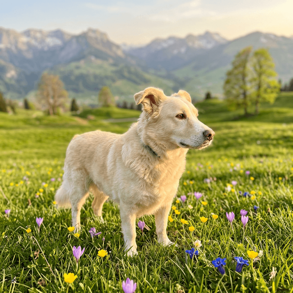Ozzy – Tierschutzhund aus Griechenland, ruhig und entspannt vor Schweizer Bergpanorama